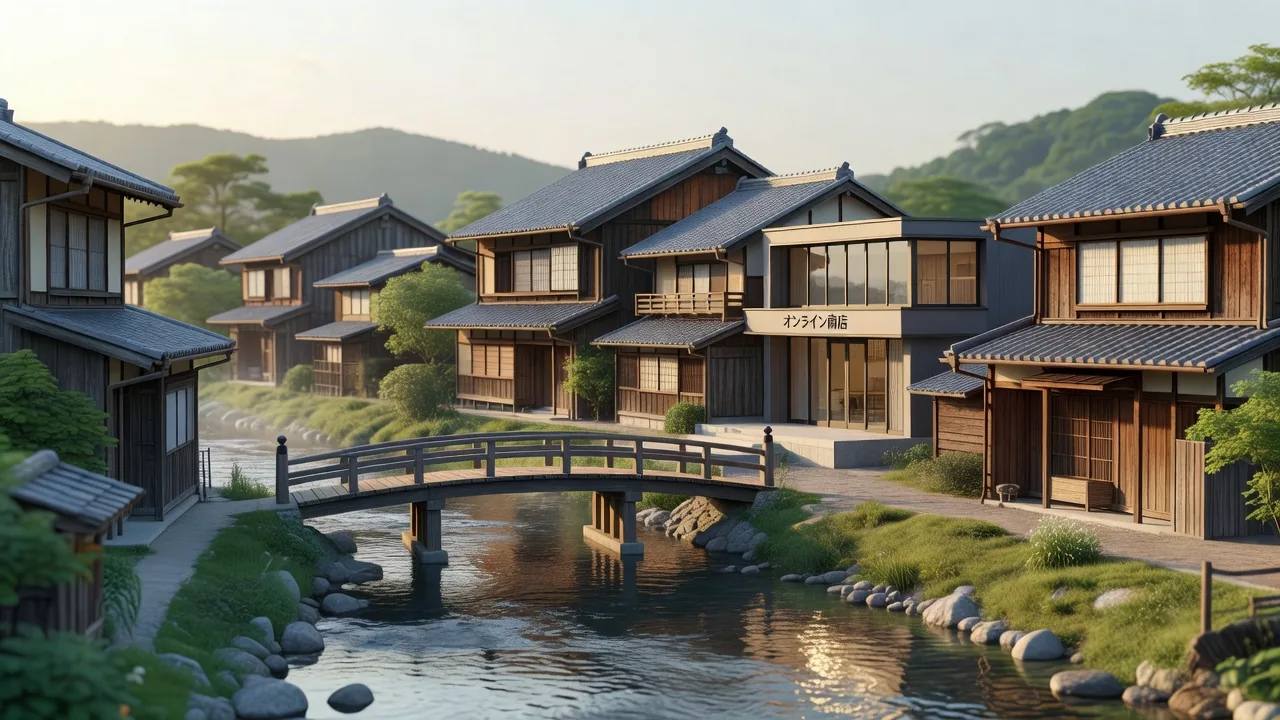 日本の川沿い村